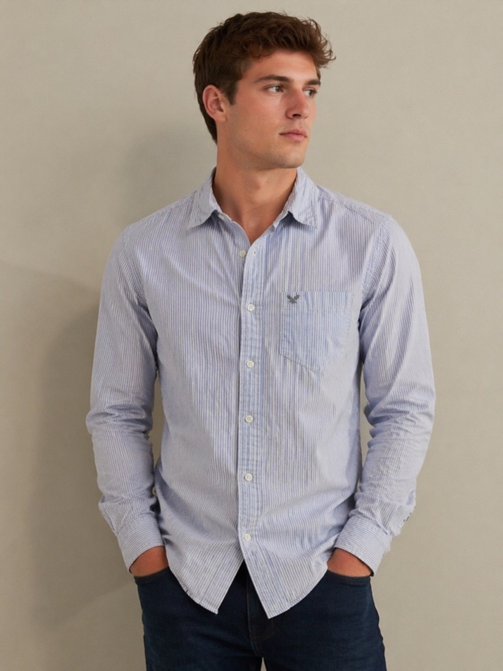 American Eagle Blue White Striped Button Down Shirt Men’s | Large